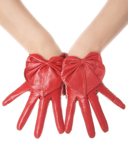 Lipstick Red Heart Bow Leather Gloves