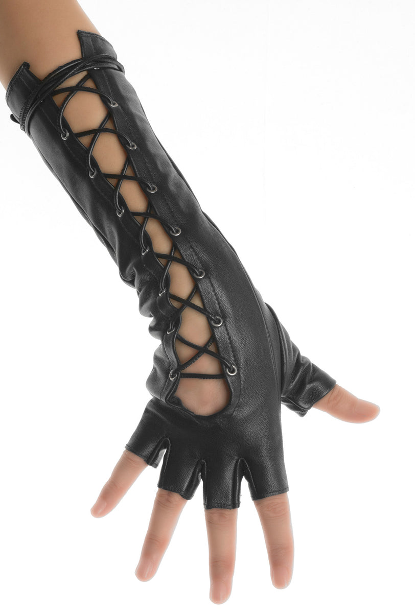 Black Lace up Mid Length Fingerless Leather Gloves – Les Debutantes