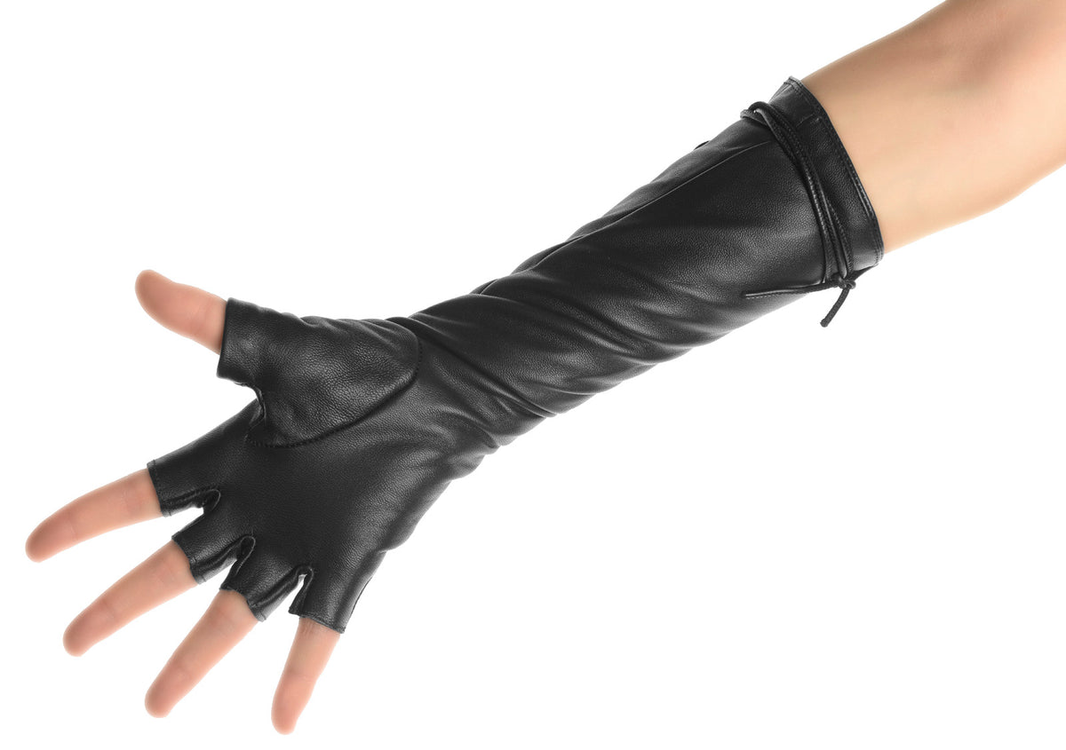 Black Lace up Mid Length Fingerless Leather Gloves – Les Debutantes