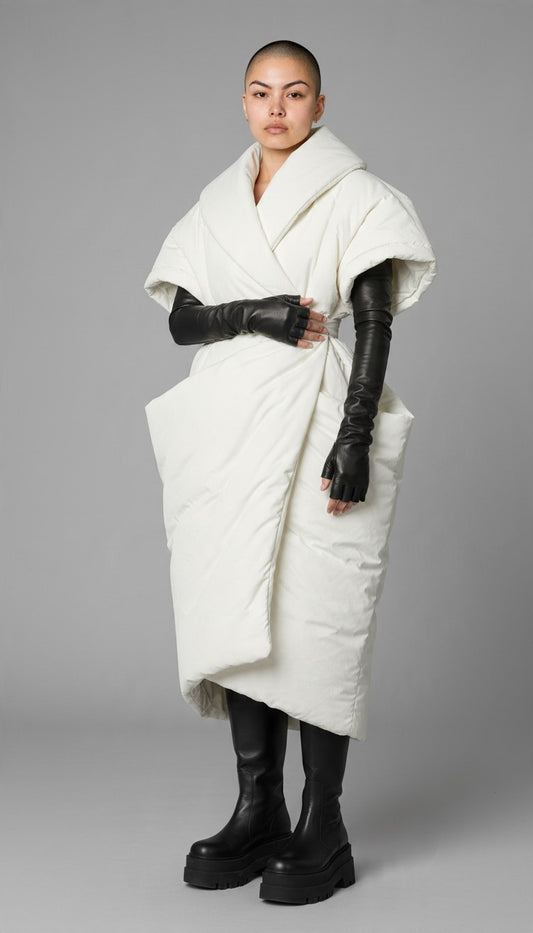 A model wearing a voluminous off-white puffer wrap coat with wide draped sleeves, paired with black fingerless gloves by les Debutantes and black boots, against a solid gray studio background.