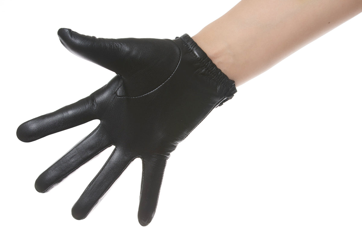 A black leather glove palm side worn on a hand, shown against a plain white background.