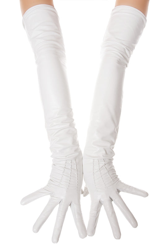 Long White Leather Opera Gloves Button Wrist