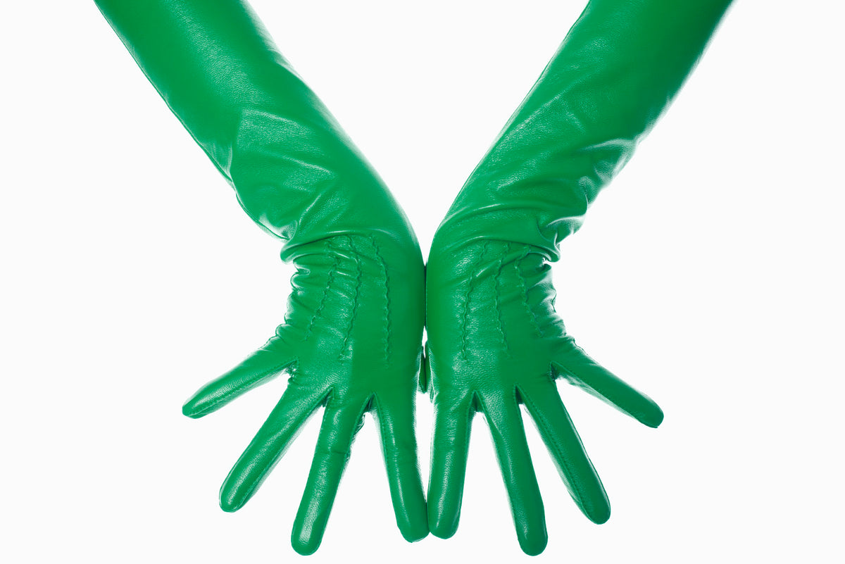 Green Leather Opera Gloves button wrist vintage pattern Les Debutantes