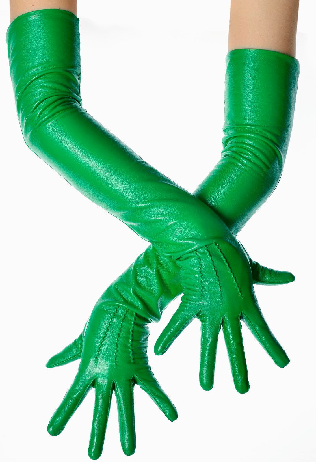 opera handschuhe Green Leather Opera Gloves button wrist vintage pattern 8.5 / Green / 70 cms