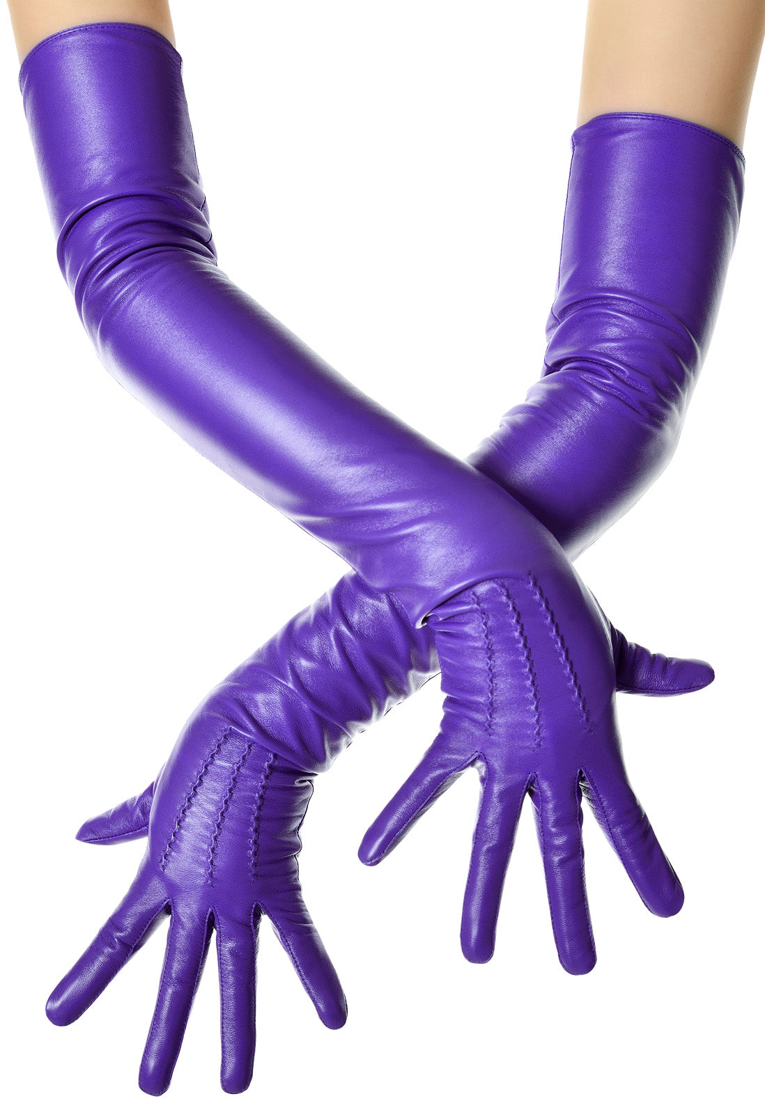 Purple Leather Opera Gloves button wrist vintage pattern 8.5 / Purple / 70 cms