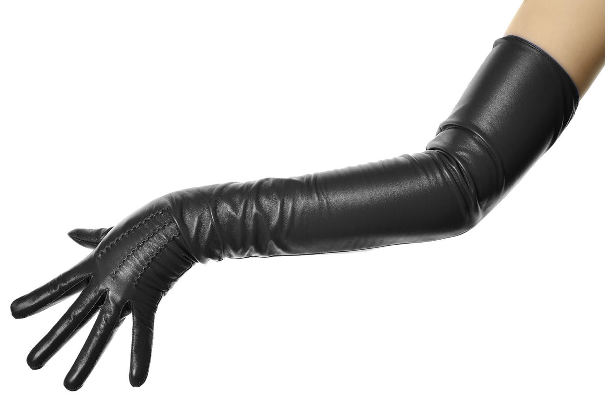 Black Leather Opera Gloves Long Evening Occasion Handmade Black / 6 / 70 cms