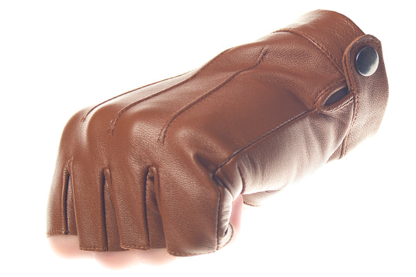 Brown High Wrist Fingerless Leather Driving Gloves