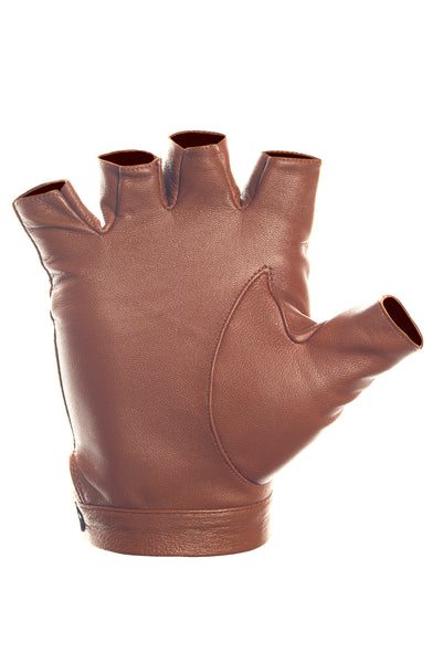 Brown High Wrist Fingerless Leather Driving Gloves