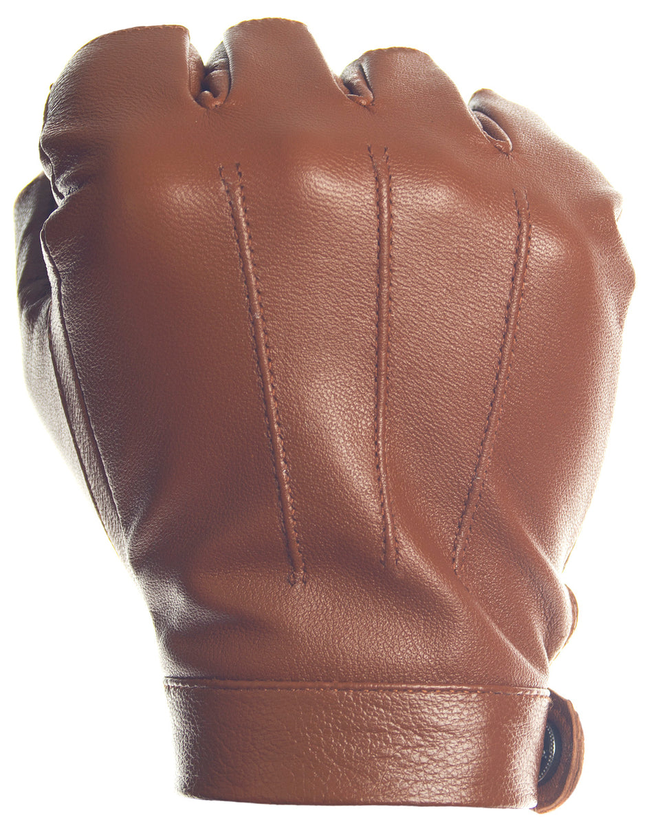 brown leather fingerless gloves