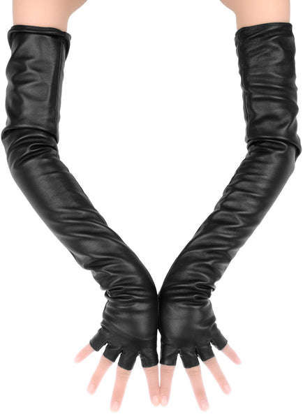 Extra Long Black Fingerless Leather Gloves