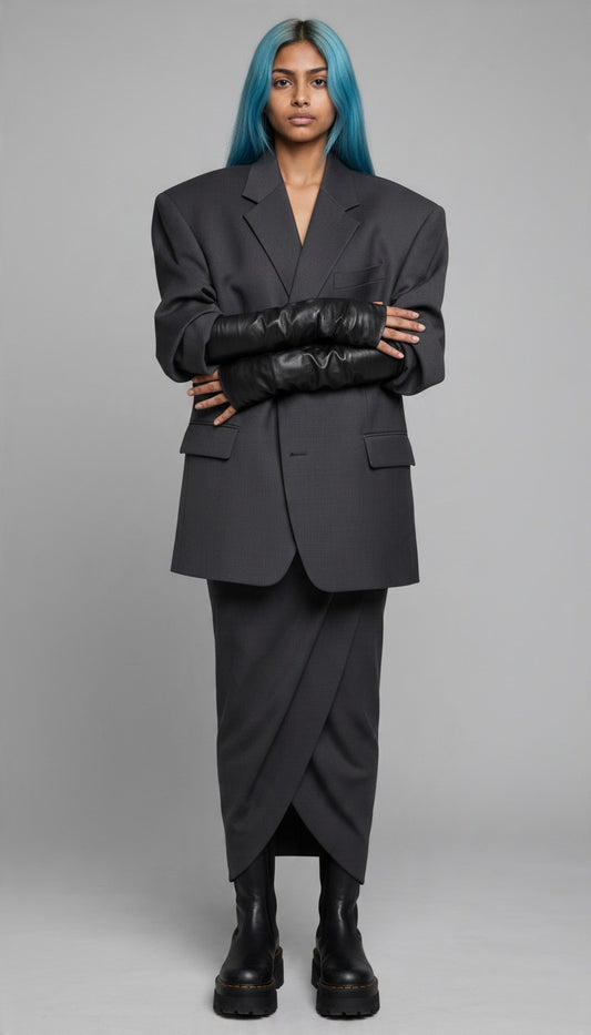 A model with bright blue hair stands against a gray studio background wearing a dark gray oversized blazer, matching draped skirt, black leather arm warmers, and black boots.