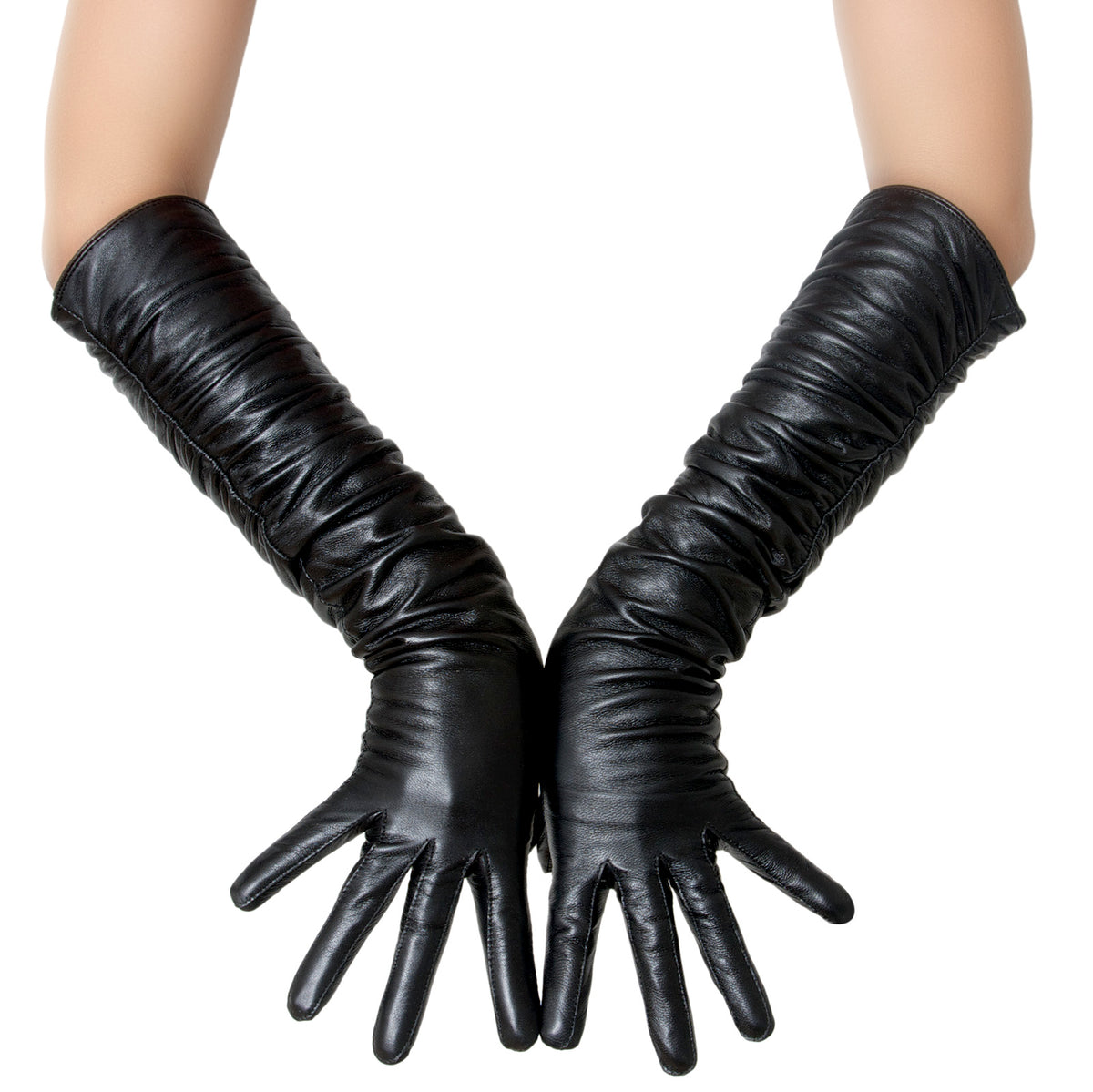 Mid Length Ruched Leather Gloves