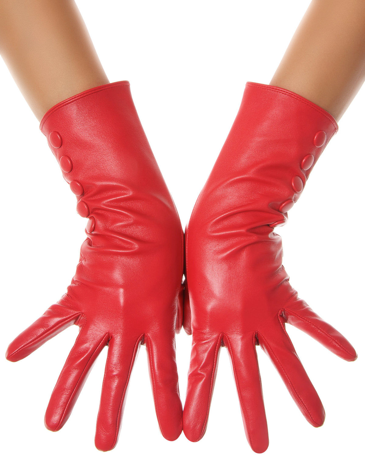Side Buttons Mid Length Leather Gloves