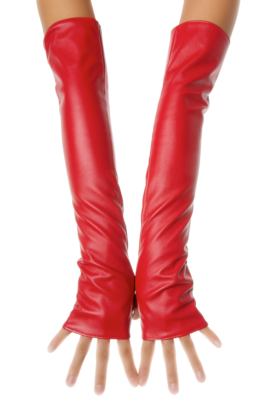 Long Red leather Fingerless Mitten Gloves
