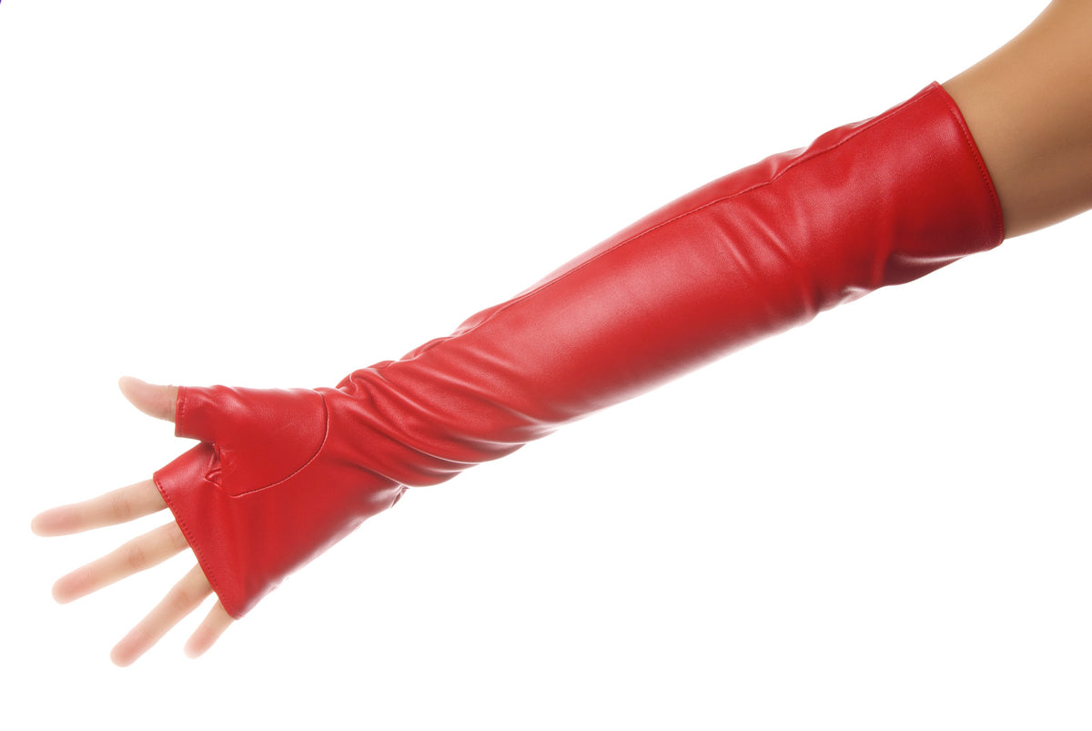 Long Red leather Fingerless Mitten Gloves