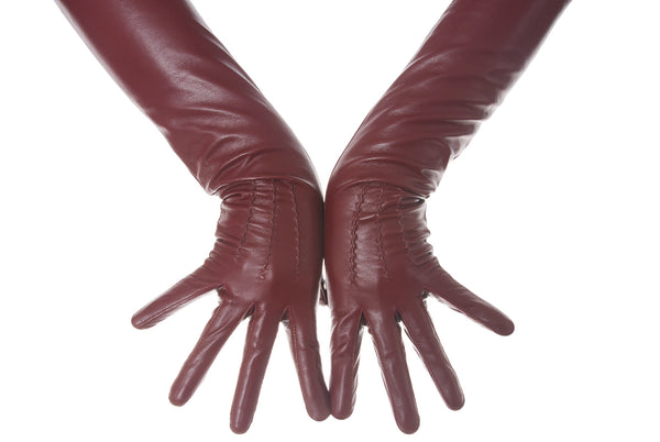 Burgundy Opera Leather Gloves Button Wrist