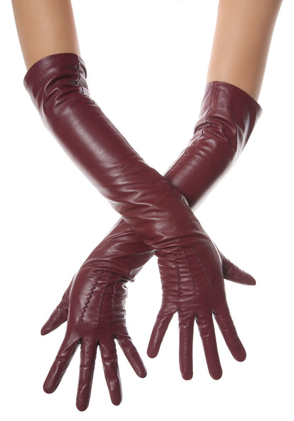 Burgundy Opera Leather Gloves Button Wrist