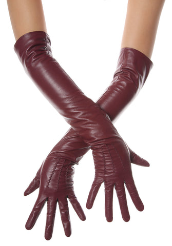 Burgundy Opera Leather Gloves Button Wrist