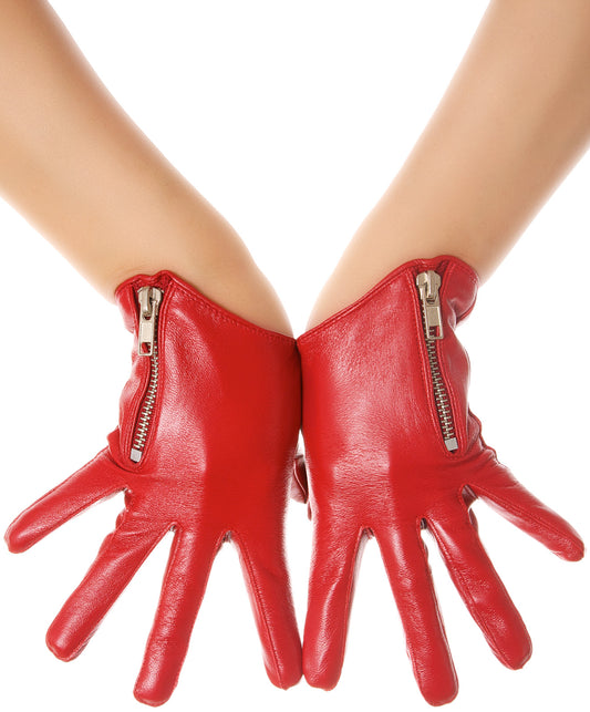 Lipstick Red Side Zip Biker Leather Gloves