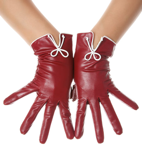 Burgundy Bow Leather Gloves
