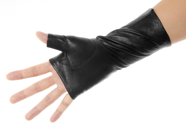 Black Fingerless Leather Gloves Mittens