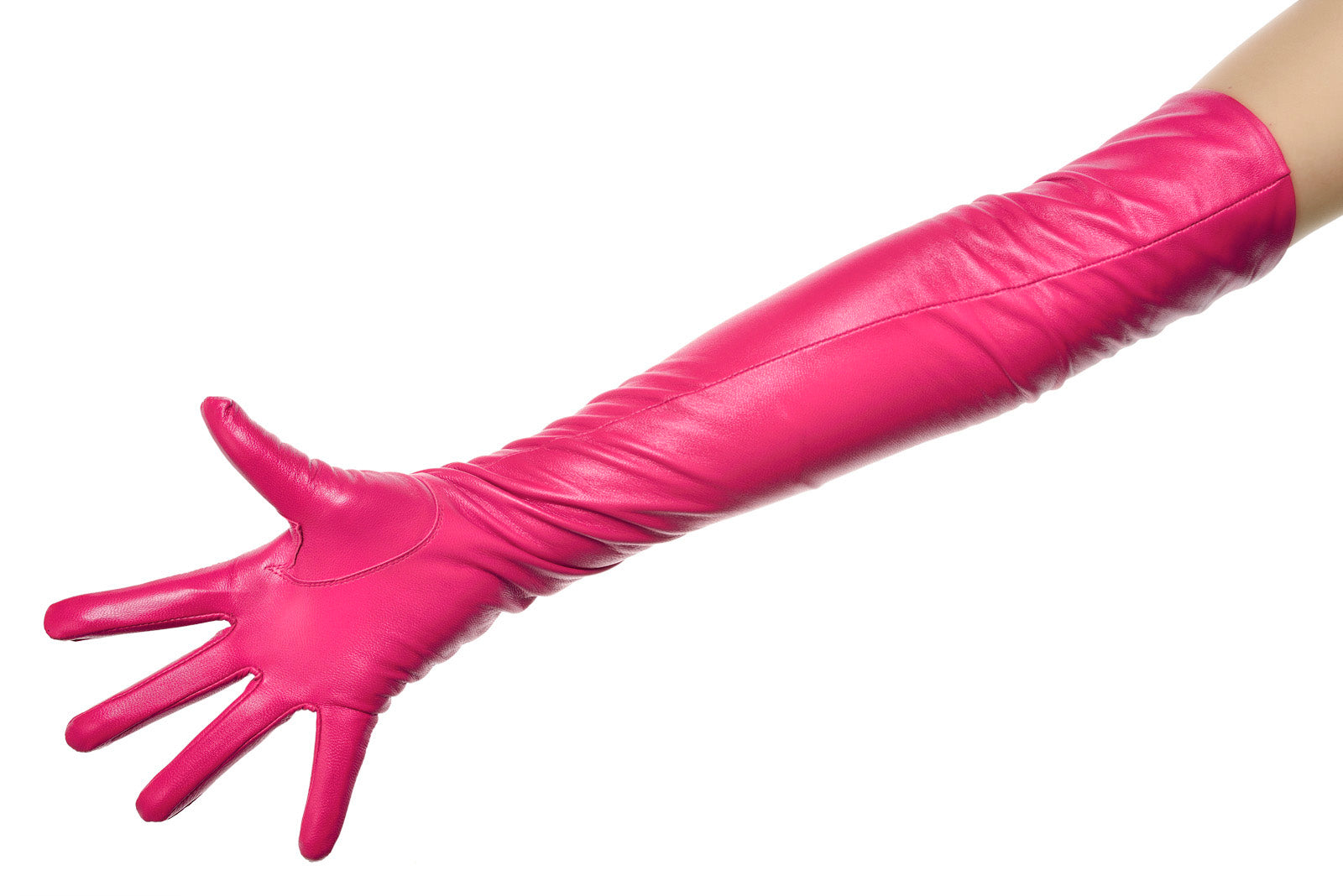 Long Fuchsia Pink Leather Opera Gloves by Les Debutantes