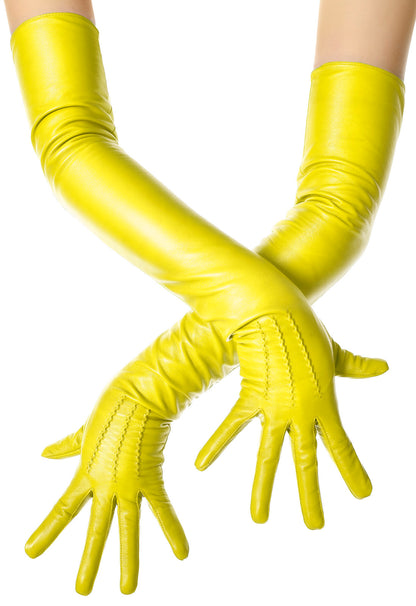 Yellow Leather Opera Gloves Button Wrist