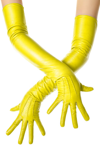 Yellow Leather Opera Gloves Button Wrist