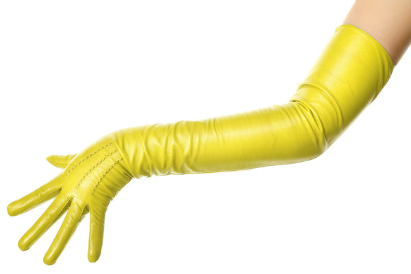 Yellow Leather Opera Gloves Button Wrist