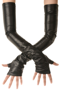 Long Black leather Fingerless Mitten Gloves