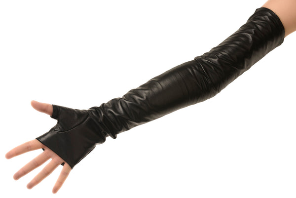 Long Black leather Fingerless Mitten Gloves