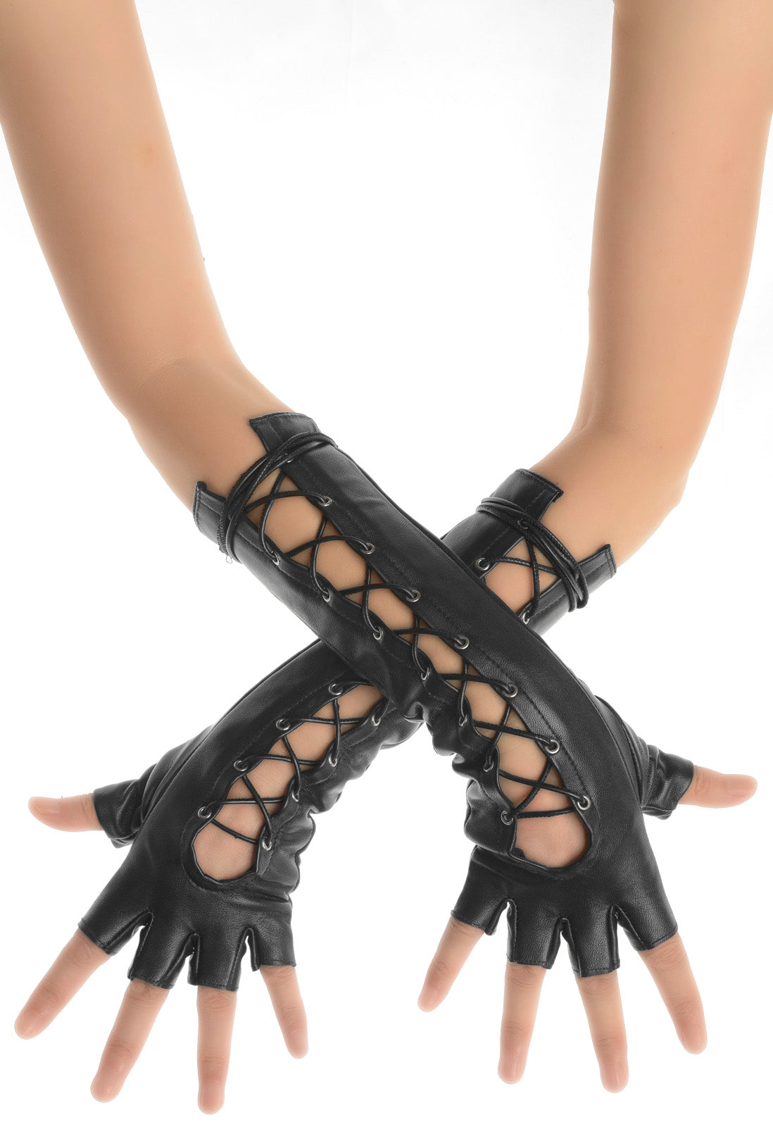 Black Lace up Mid Length Fingerless Leather Gloves