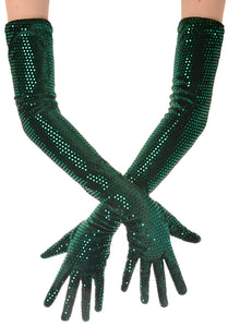 Green Sparkly Rhinestones Velvet Gloves