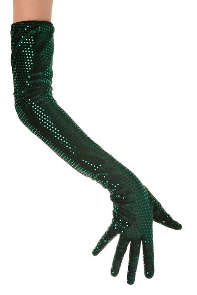Green Sparkly Rhinestones Velvet Gloves