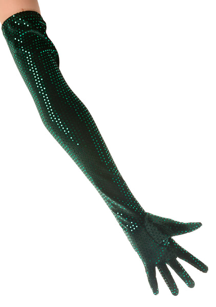 Green Sparkly Rhinestones Velvet Gloves