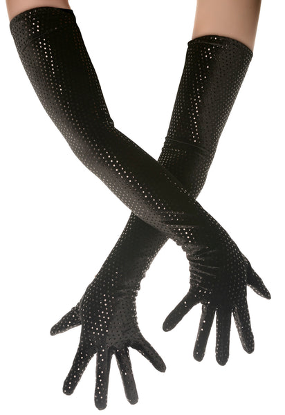 Long Black Sparkly Velvet Opera Gloves Evening wear