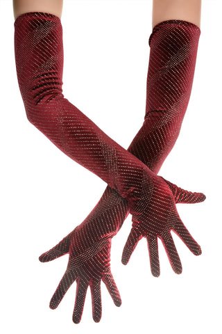 Dazzling Burgundy Sparkly Velvet Opera Gloves