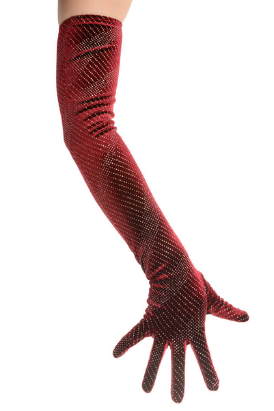 Dazzling Burgundy Sparkly Velvet Opera Gloves