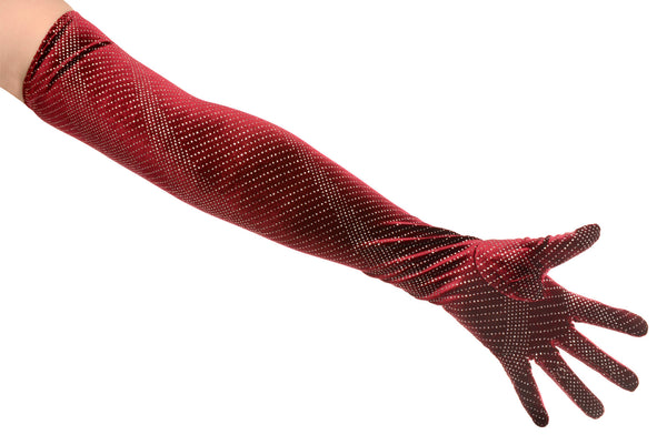 Dazzling Burgundy Sparkly Velvet Opera Gloves