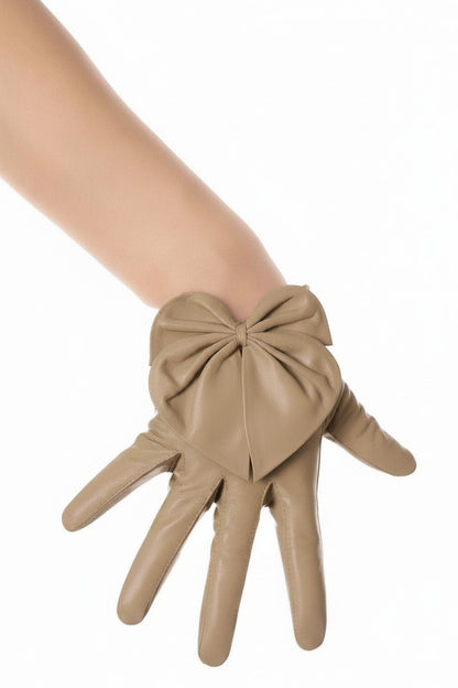 Fawn Brown Heart Bow Leather Gloves