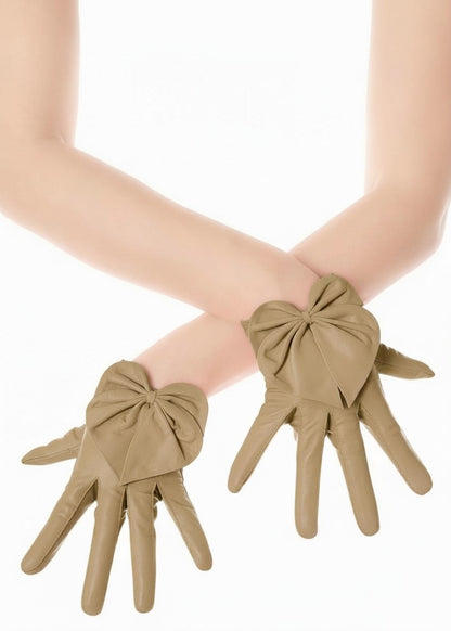 Fawn Brown Heart Bow Leather Gloves