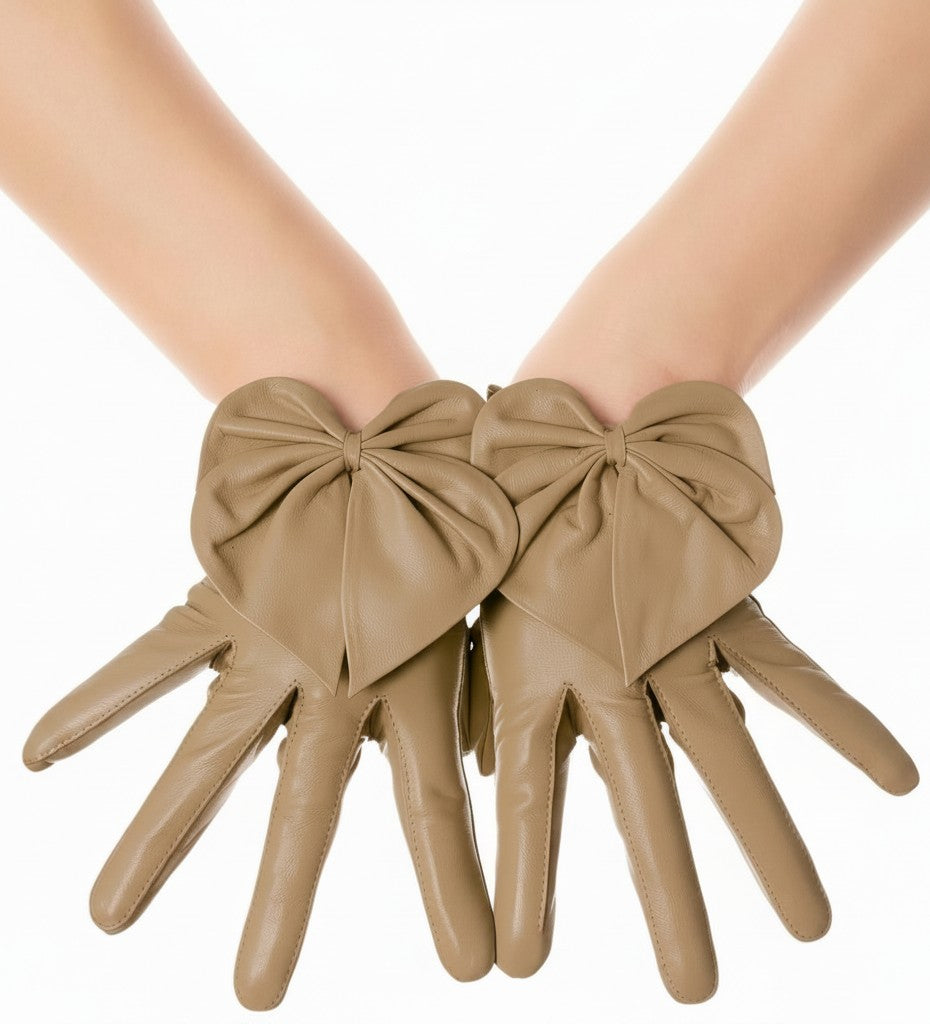 Fawn Brown Heart Bow Leather Gloves