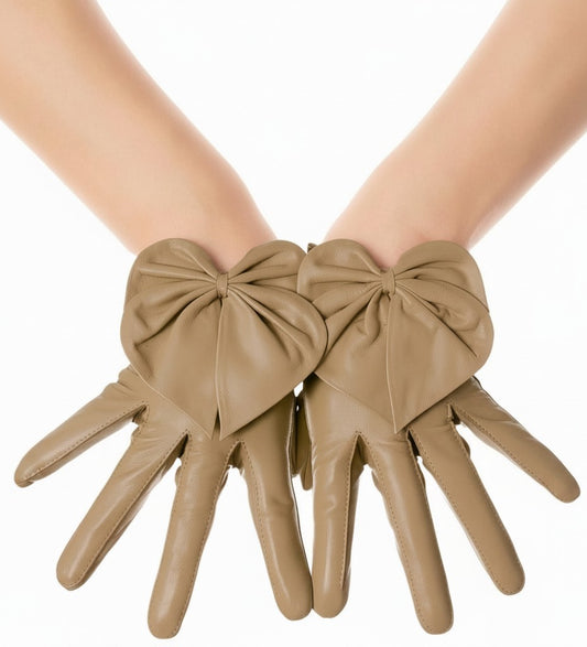 Fawn Brown Heart Bow Leather Gloves