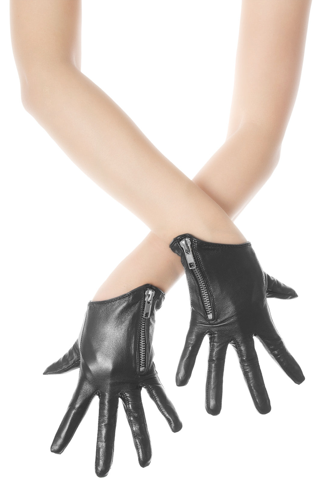 A pair of black leather gloves with side zips on a model cross armed inspired from classic biker jackets