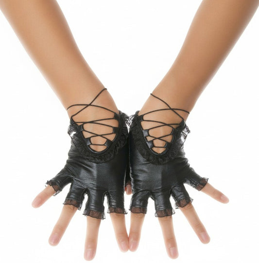 Black leather fingerless gloves with lace cutouts and crisscross lace-up straps on the wrists, shown worn on hands against a white background.