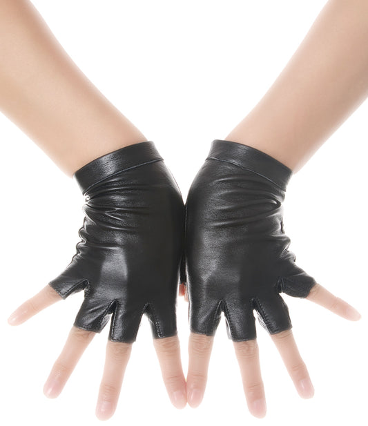 Black leather gloves with fingerless design worn on a white background