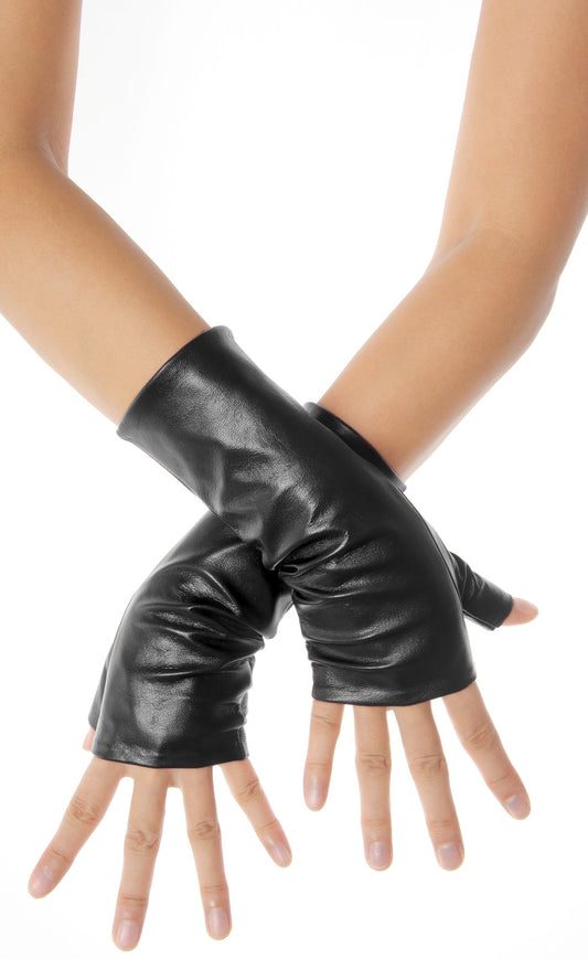 A pair of black fingerless leather gloves worn on a person's hands.