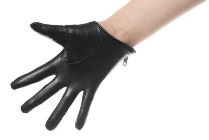 Palm side view of black leather gloves with side zip worn on a model's hand inspired from classic biker jackets