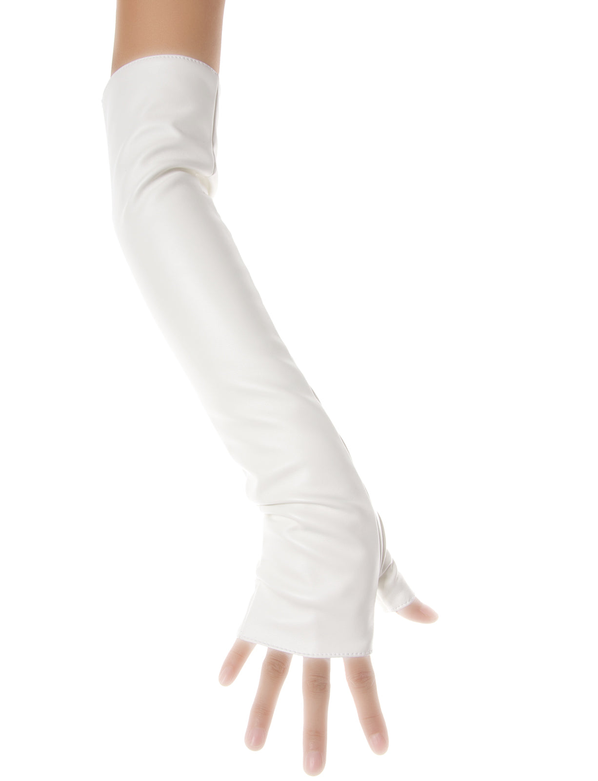 A long white fingerless leather glove worn on a person's arm, shown against a plain white background.
