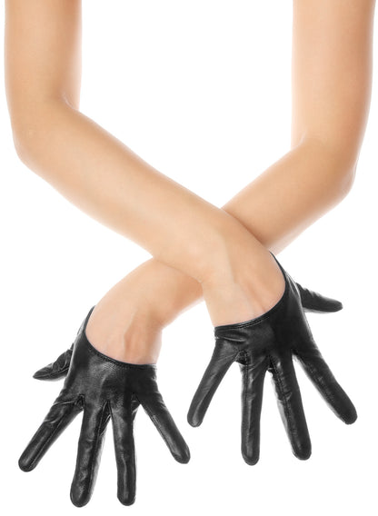 Black leather fingerless gloves worn on a model's hands, with the arms crossed against a solid white background.